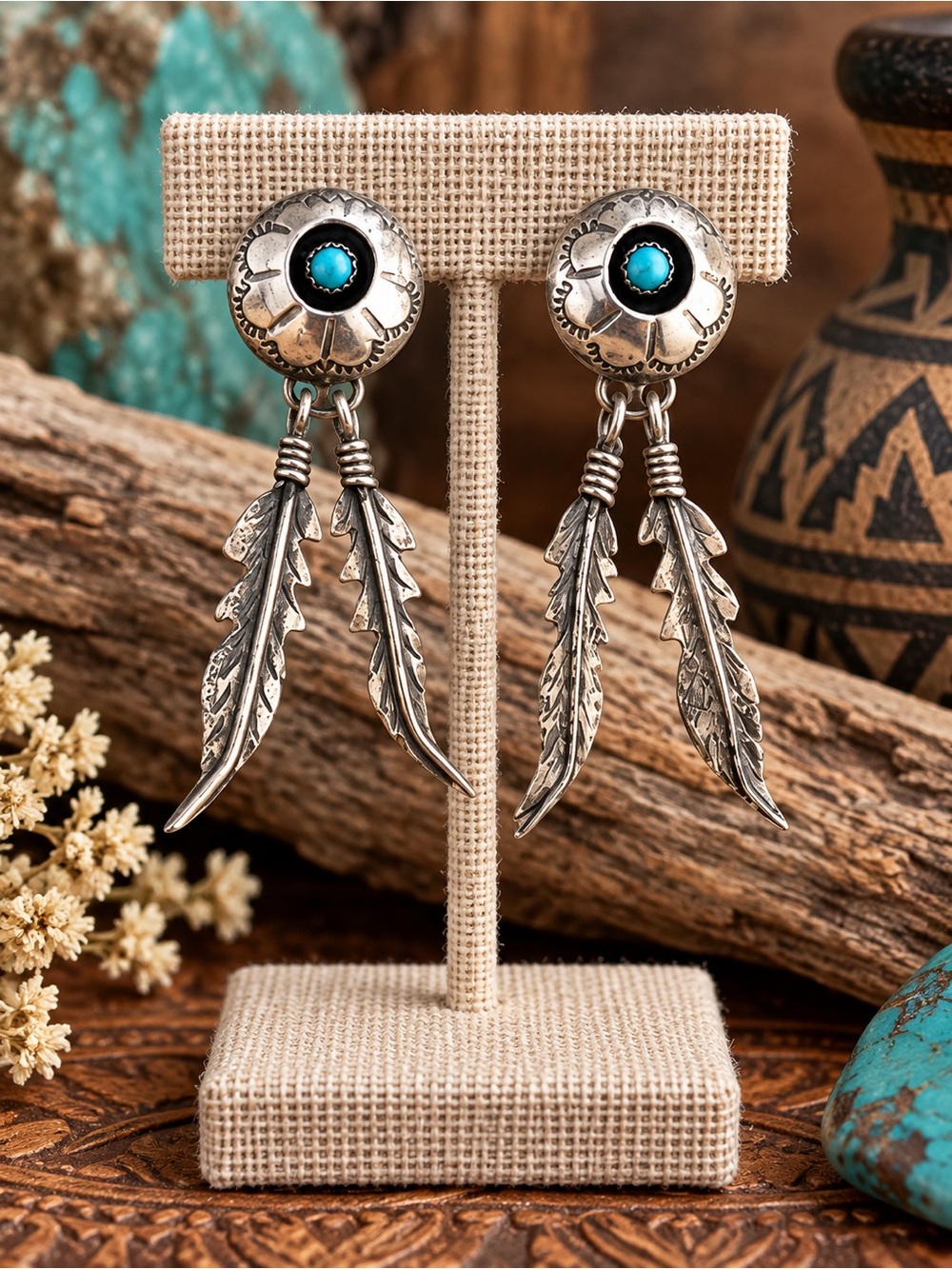 Navajo Turquoise Rex Abeita Sterling Silver Feather Earrings